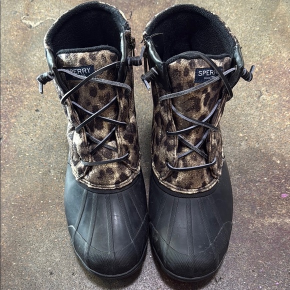 Sperry Black and Leopard Print Boots - Picture 1 of 4
